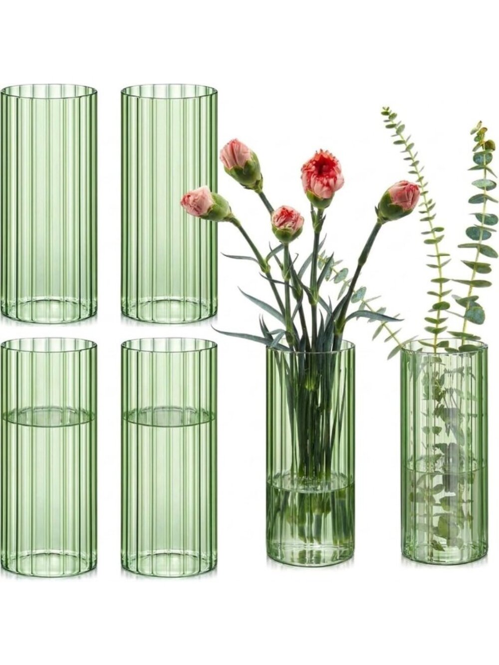 Set of 6 Tall 8-Inch Ribbed Glass Cylinder Vases - Elegant Home Decor, Green